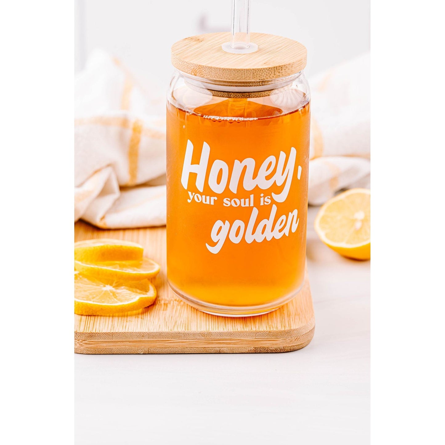 Honey Your Soul is Golden Glass Can with Lid and Straw