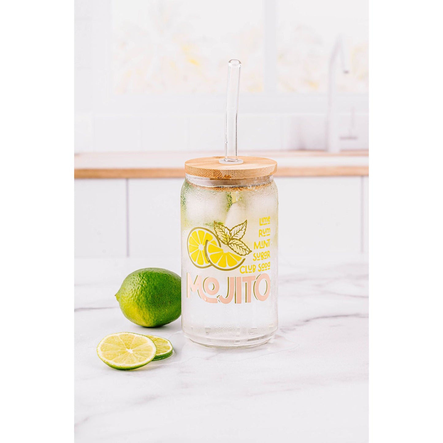 Mojito Cocktail Glass Can with Bamboo Lid and Straw