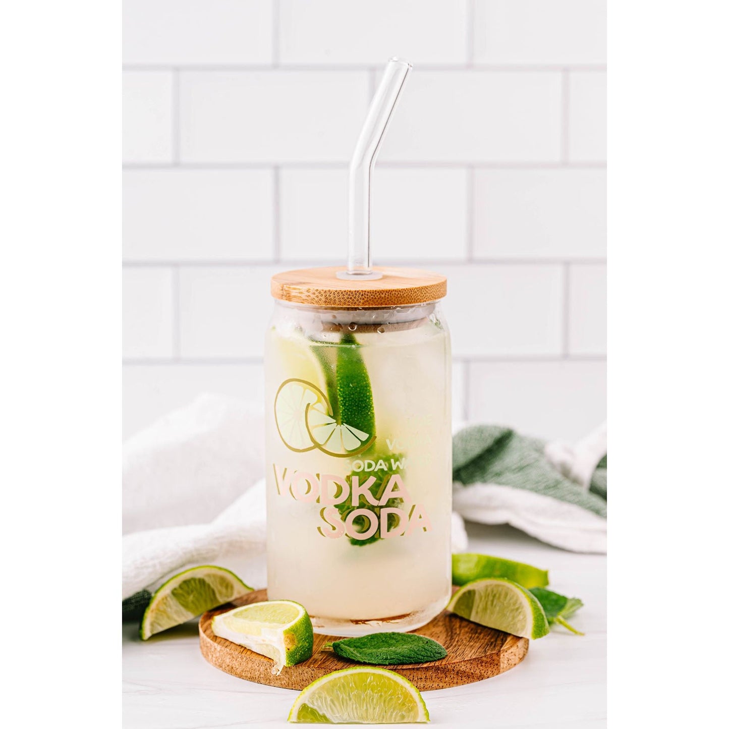 Vodka Soda Cocktail Glass with Bamboo Lid and Straw