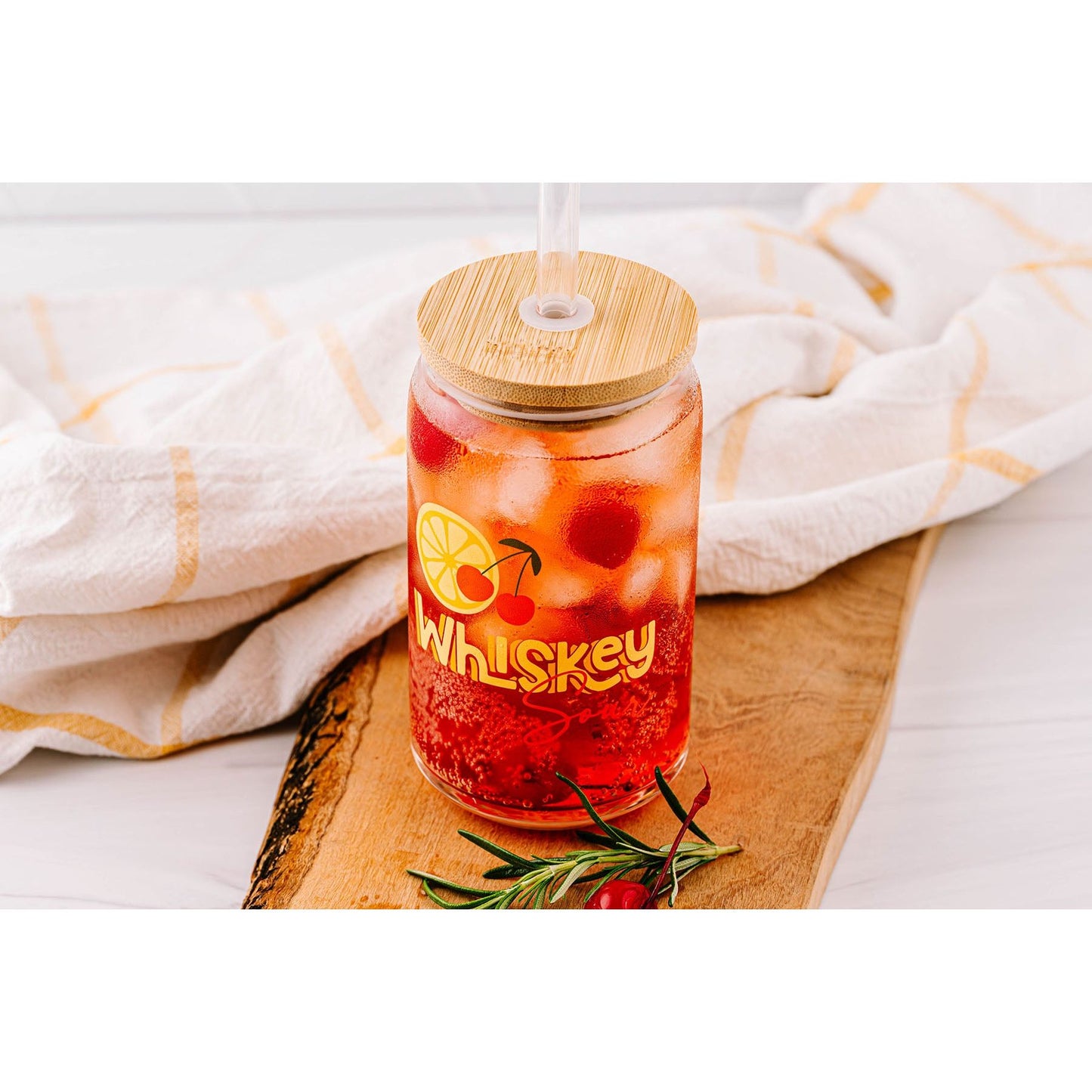 Whiskey Sour Glass Can with Bamboo Lid and Straw