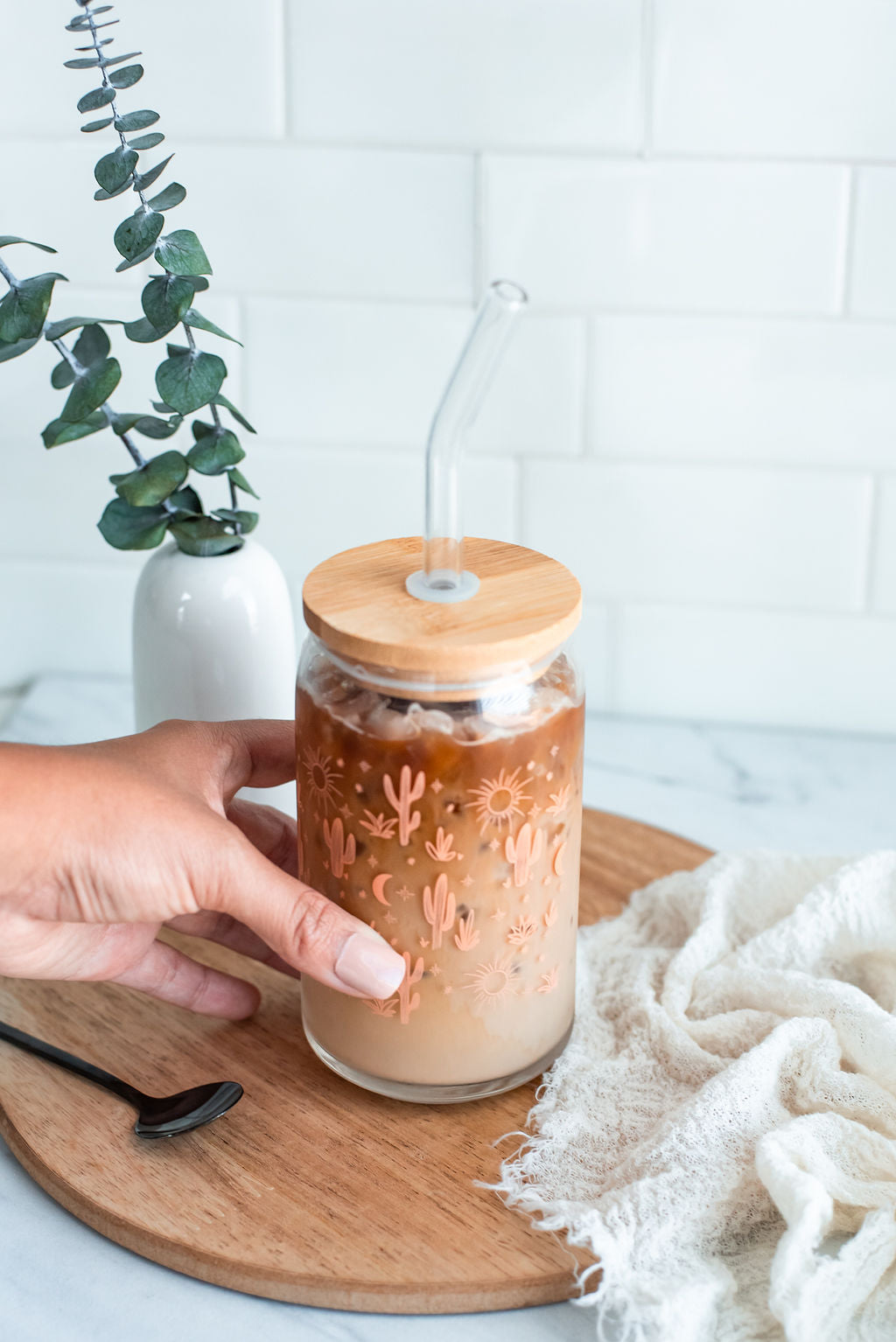 Cactus Glass Can with Bamboo Lid and Straw