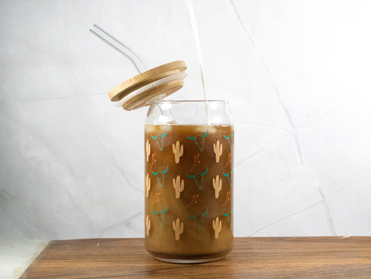 Southwest Glass Can w/t lid and straw