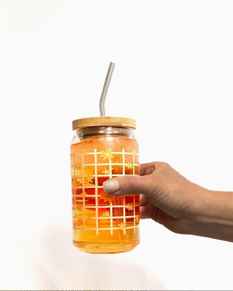 Retro Floral Orange Latte Beer Glass Can