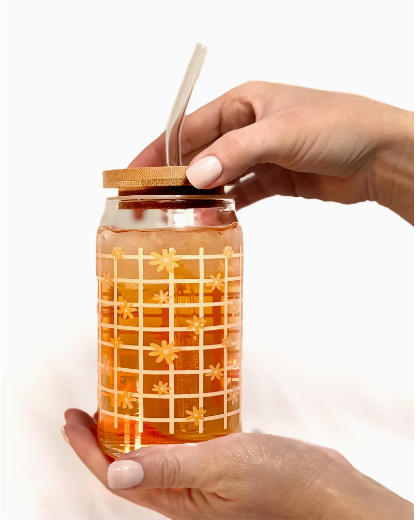 Retro Floral Orange Latte Beer Glass Can