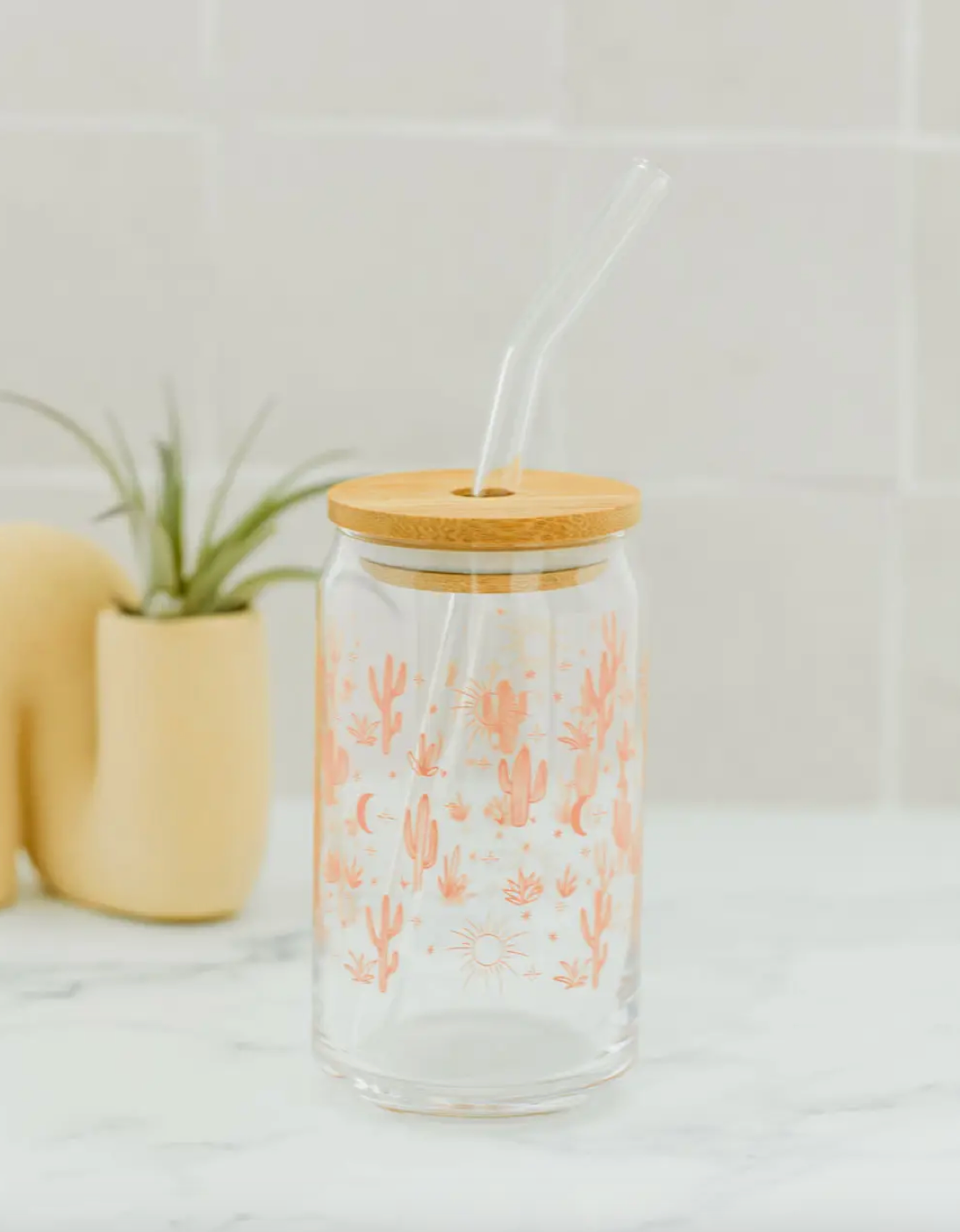 Cactus Glass Can with Bamboo Lid and Straw