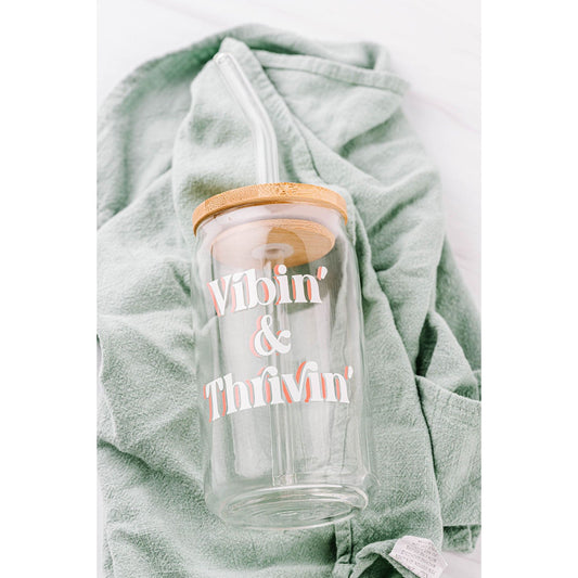 Vibin' and Thrivin' Glass Can with Bamboo Lid and Straw