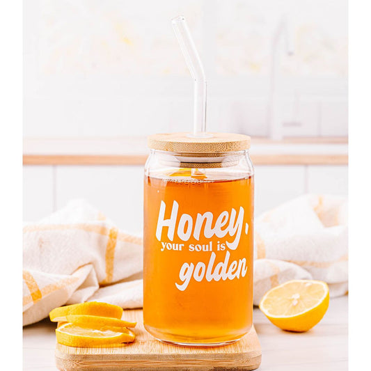 Honey Your Soul is Golden Glass Can with Lid and Straw