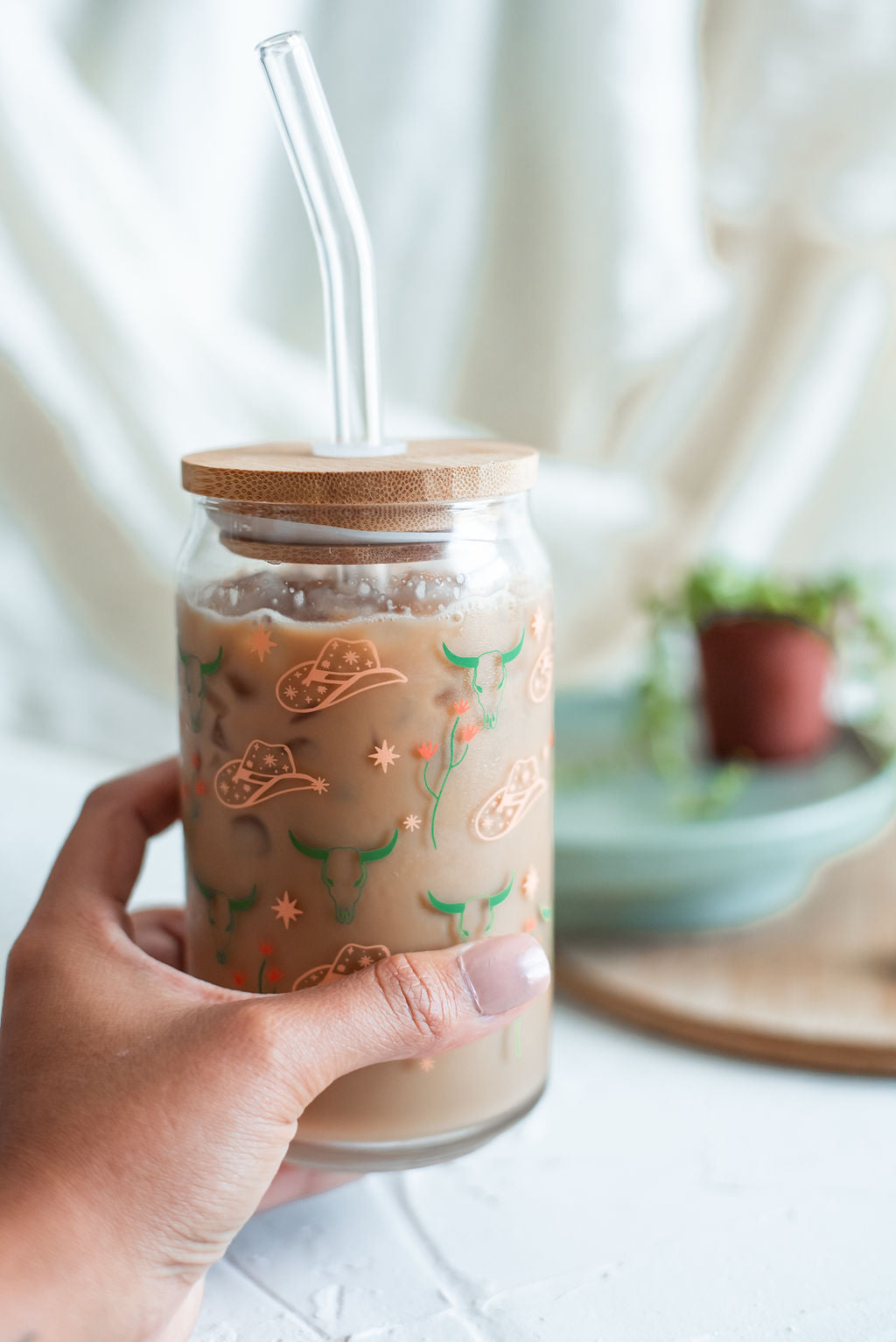 Western Can Glass With Bamboo Lid and Straw