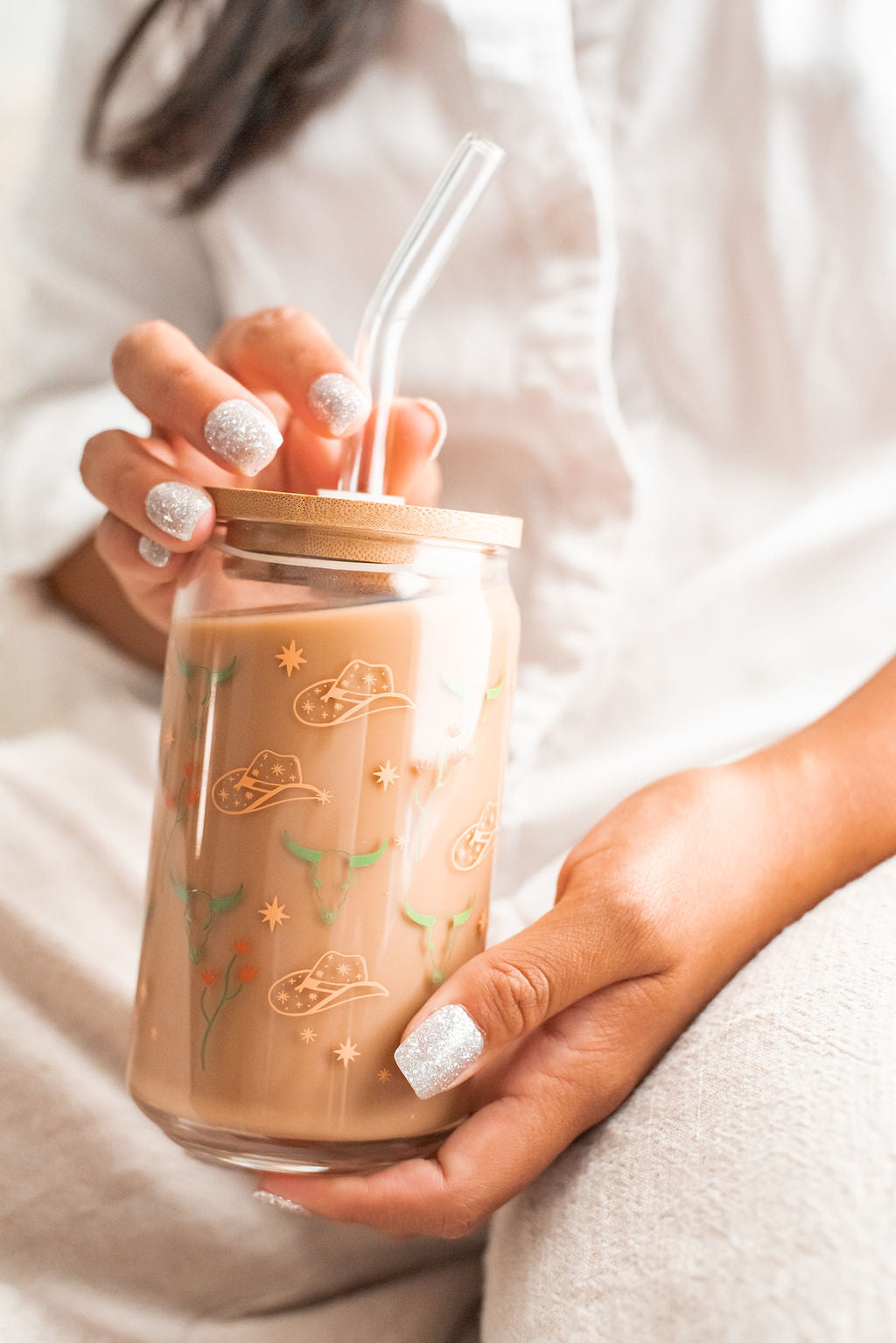 Western Can Glass With Bamboo Lid and Straw