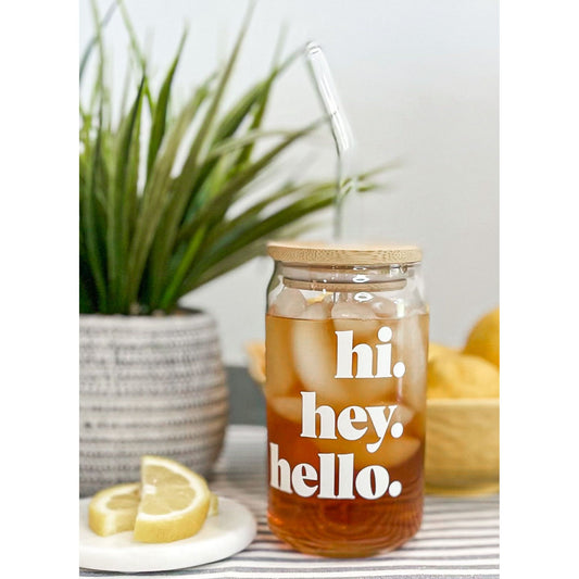 Hi Hey Hello Glass Can with Bamboo Lid & Straw