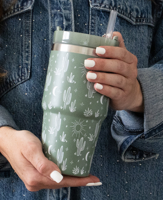 20oz Tumbler, Cactus Print Mini Tumbler Sage Green