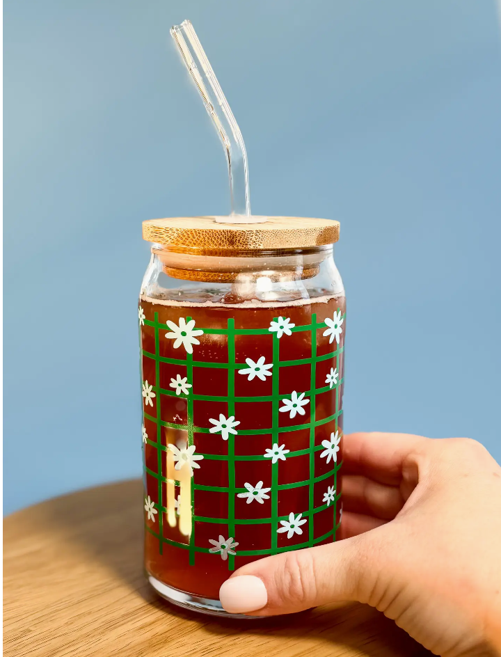 Retro Floral Blue Latte Beer Glass Can