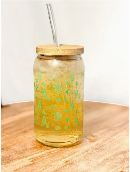 Green Cactus Glass Can With Lid & Straw (dishwasher safe!)