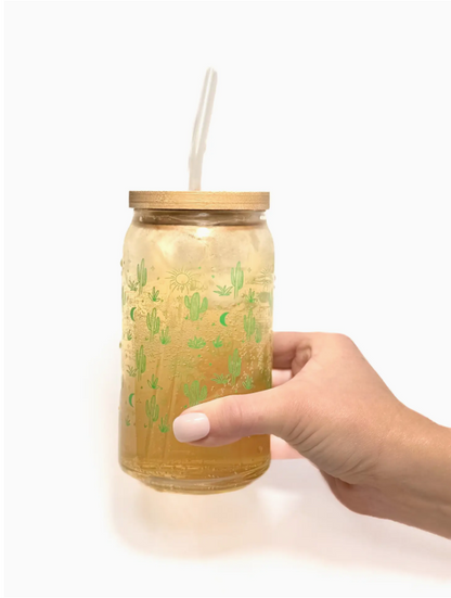 Green Cactus Glass Can With Lid & Straw (dishwasher safe!)