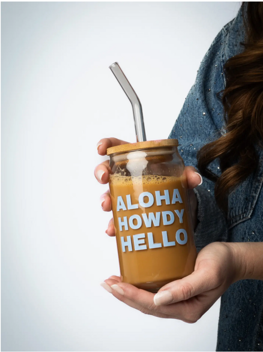 Aloha, Howdy, Hello Coastal Cowgirl Glass Can|Latte Glass