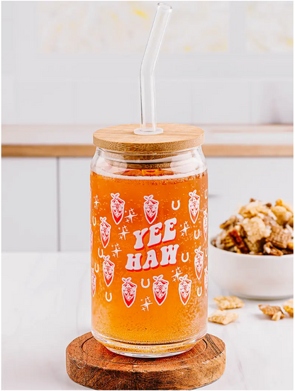 YeeHaw Western Glass Can with Lid and Straw