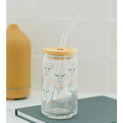 Western Can Glass With Bamboo Lid and Straw